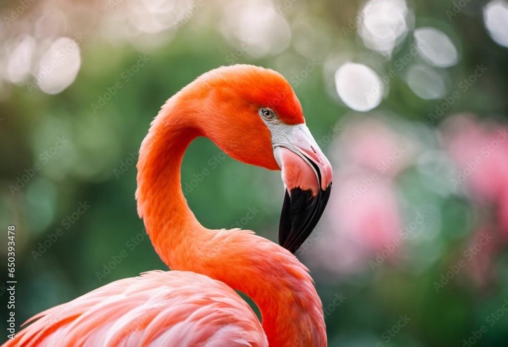 Obraz premium AI generated illustration of a pink flamingo in a green forest
