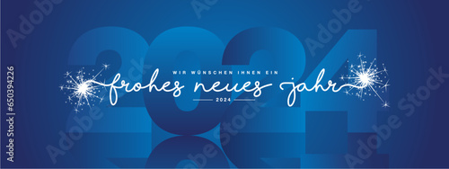 We wish you Happy New Year 2024 on German language, modern design, white new updated handwritten lettering with blue 2024 year mirrored shadow in background and sparkler firework