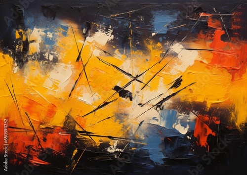a large, colorful painting on black background with yellow and red accents