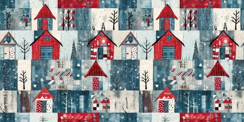 Obraz na plátně Rustic country christmas cottage with primitive hand sewing fabric effect