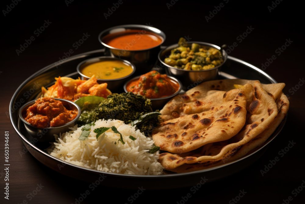 A colorful Indian thali, featuring a variety of curries, rice, and flatbreads. Concept of Indian culinary diversity. Generative Ai.