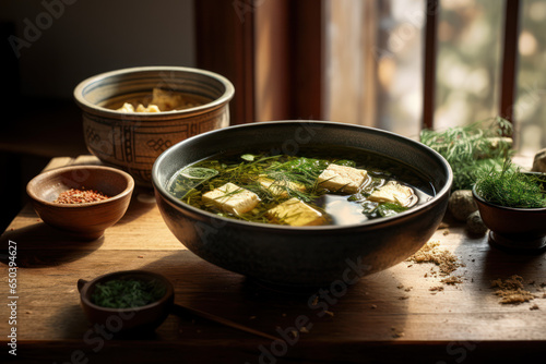 A bowl of miso soup with tofu and seaweed, a staple of Japanese meals. Concept of Japanese comfort food. Generative Ai.