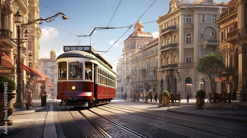  a red and white trolley on a city street with buildings in the background.  generative ai