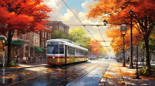  a painting of a trolley on a city street in the fall.  generative ai