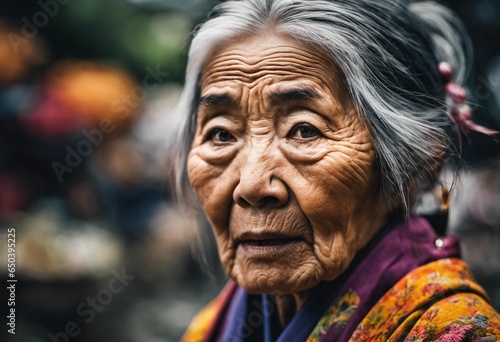 AI generated illustration of a close-up of an elderly Asian woman with a warm expression