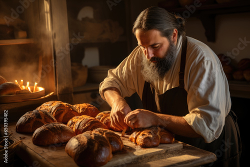 A person preparing round challah loaves, a symbol of continuity and the cyclical nature of time in the Jewish tradition. Generative Ai.