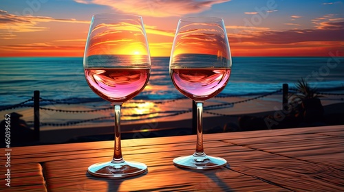  two glasses of wine sitting on a table with a sunset in the background. generative ai