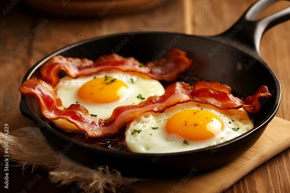 Traditional bacon, eggs and home fries breakfast on pan Traditional bacon, eggs and home fries breakfast on pan