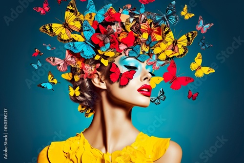 Wallpaper Mural Surreal portrait of a woman with butterflies in her hair. Abstract photo in pop art collage style | Generative AI Torontodigital.ca