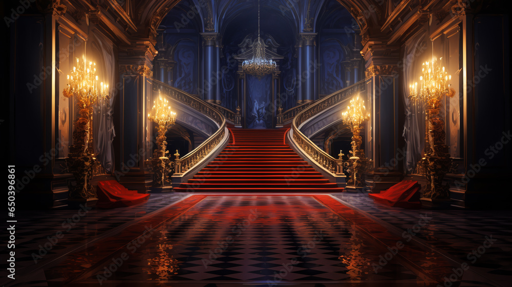 Royal palace hallway. With stairs at night. ai generative - obrazy, fototapety, plakaty 