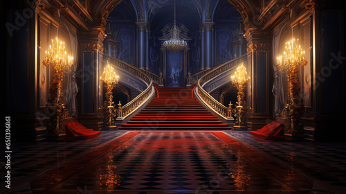 Royal palace hallway. With stairs at night. ai generative