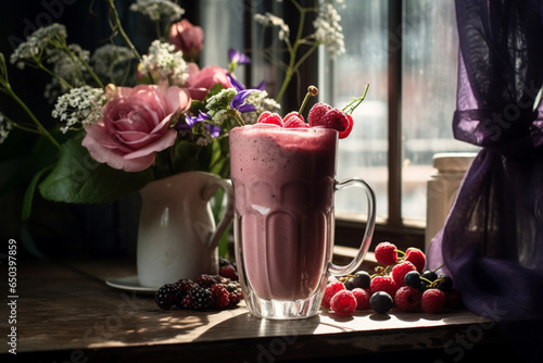 a berry smoothie in a gigh glass a cup of coffee on, generative ai photo