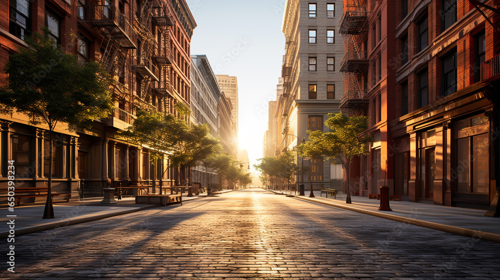 Empty street at sunset time in SoHo district, New York. ai generative