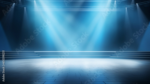 Empty modern fashion stage background with blue fog, podium and ceiling spotlights. ai generative