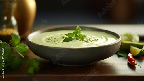 A small bowl of green curry sauce. Simple presentation t, generative ai