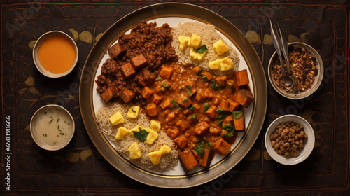 top down photo of a plate of nigerian food served, generative ai