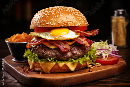  Burger with beef eggs and bacon served i, generative ai