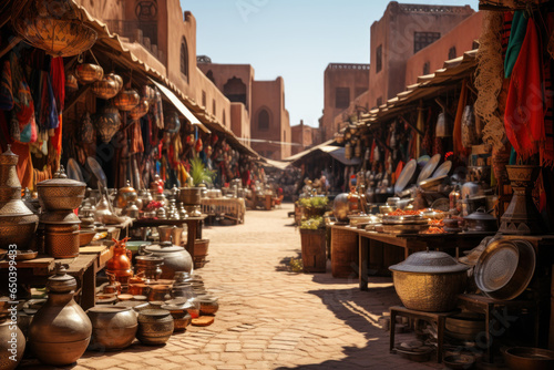 A bustling street market in Marrakech, with vendors selling colorful textiles and aromatic spices, immersing visitors in Moroccan culture. Generative Ai.