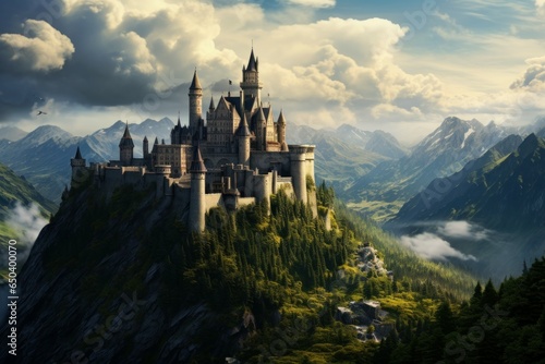 Mysterious Castle medieval mountain. History ancient view. Generate Ai photo