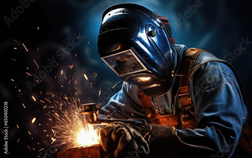 Worker welder performing arc welding. Generative AI © piai