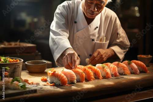 A master sushi chef crafting delicate rolls with precision and artistry. Generative Ai.