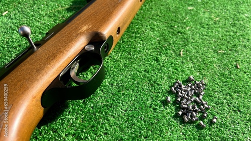 Photography Detail of a shotgun and buckshot on a green background