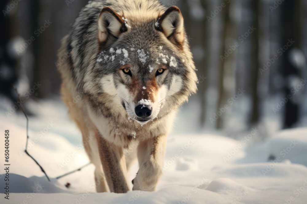 A lone wolf prowling through a snowy forest, a symbol of wilderness and freedom. Generative Ai. A lone wolf prowling through a snowy forest, a symbol of wilderness and freedom. Generative Ai.