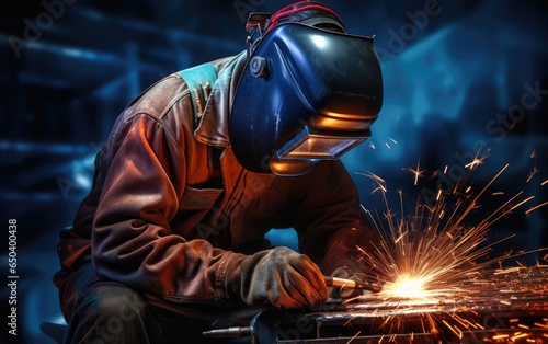 Worker welder performing arc welding. Generative AI