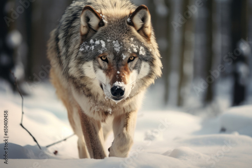 A lone wolf prowling through a snowy forest, a symbol of wilderness and freedom. Generative Ai. © Sebastian