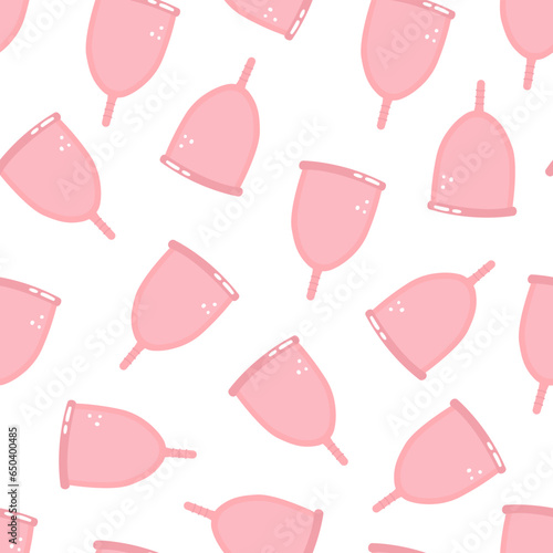 Flat vector seamless pattern with a menstrual cup. Eco protection for women in critical days. Feminine hygiene product. Zero waste level. Protection of the menstrual cycle, women's hygiene.