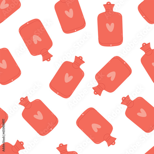 Flat vector seamless pattern with a rubber heating pad used for painful menstruation. The concept of relieving the condition of a woman with pain and cramps during the menstrual period. 