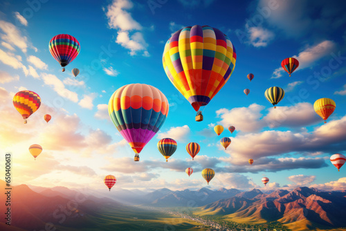 A colorful hot air balloon festival, with balloons ascending into a brilliant blue sky. Generative Ai. © Sebastian