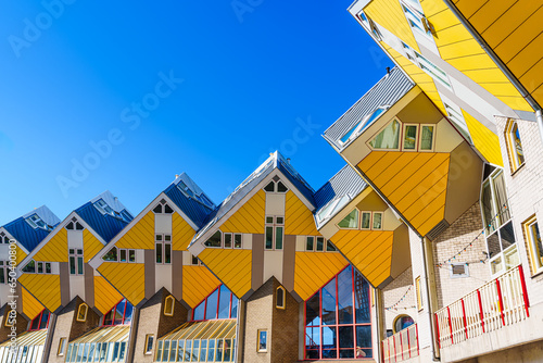 Spectacular Urban Landscape, Vibrant Yellow Cube Houses in Rotterdam, a Modern Architectural Marvel and Tourist Attraction in the Netherlands
