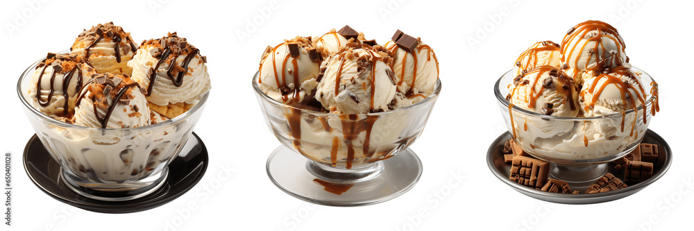 a set of ice cream in a bowl isolated on a transparent background - obrazy, fototapety, plakaty 