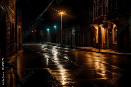 night view of the city, A deserted street at night, illuminated only by a solitary streetlight. 