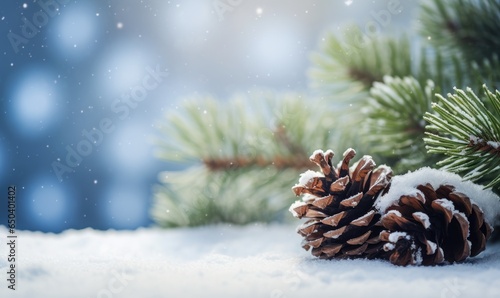 Closeup of pine branch with pine cones and snow, defocused blurred background with snow and snowflakes. Christmas winter holiday greeting card.