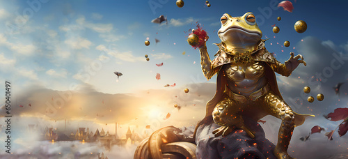 Golden frog. The frog is dressed in a gold suit on an abstract background. Banner. Wallpaper. Copy space. Generated AI. Edited in Photoshop.