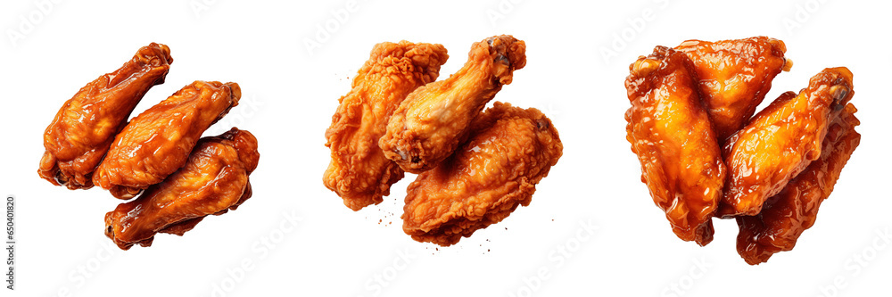 a set of Crispy fried chicken wings isolated on a transparent background - obrazy, fototapety, plakaty 
