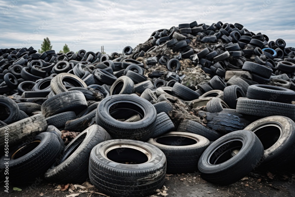 Obraz premium A heap of discarded tires on a dirt mound during sunrise