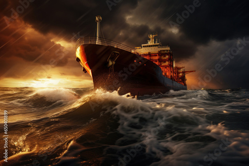 ship through a strong storm in the ocean, high waves, strong wind, storm clouds, low sunlight