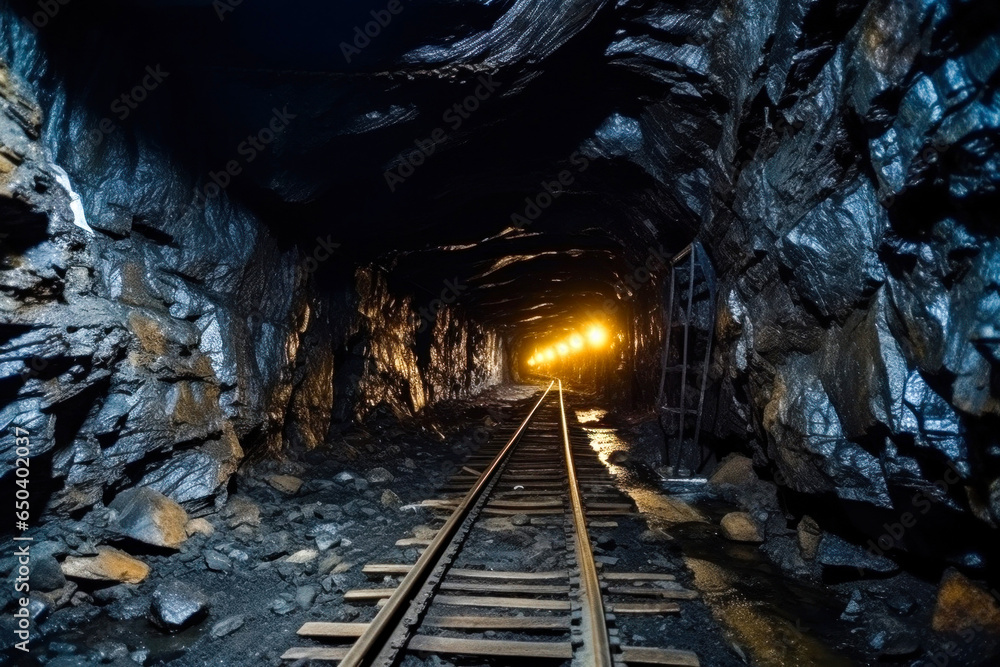 Underground mine, mining, rail track trolleys laid through tunnel Underground mine, mining, rail track trolleys laid through tunnel