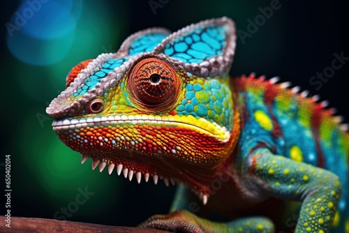 Vibrant Green chameleon closeup digital. Garden pet. Generate Ai © juliars
