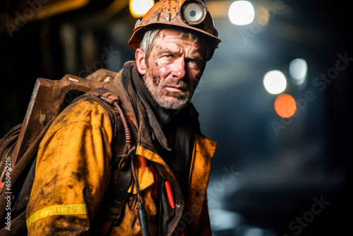 A coal miner wearing a fireman's helmet in the darkness of the mine