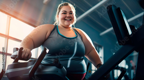 Female happy overweight woman wearing sportswear works out on the treadmill. Smiling girl training in the gym. Sport, training, healthy life, calories, health care, diet and weight loss concept.
