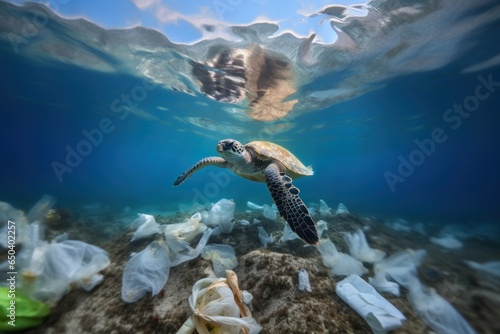 pollution world ocean, sea turtle swims, water polluted household garbage, plastic bags bottles, environmental disaster