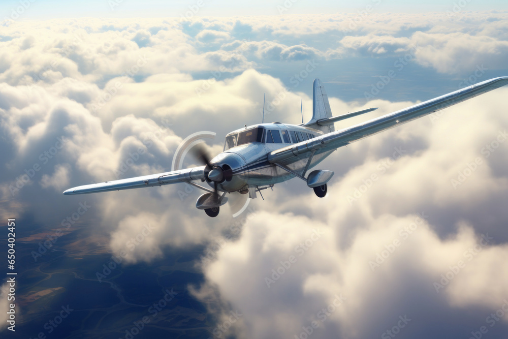 Obraz premium turboprop airplane in flight over clouds bright sunny day