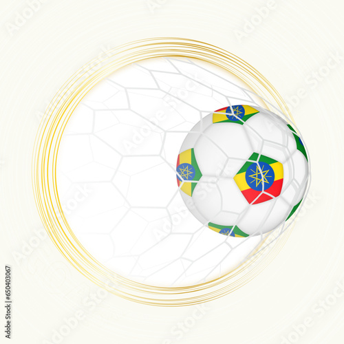 Football emblem with football ball with flag of Ethiopia in net, scoring goal for Ethiopia.