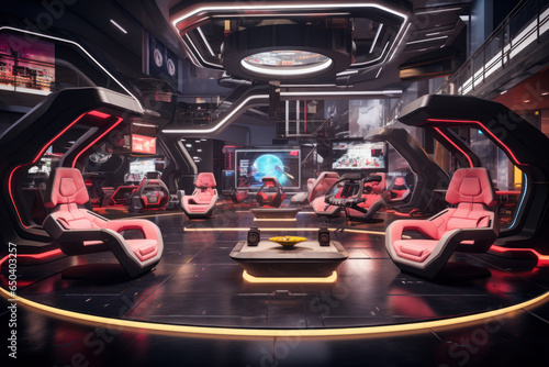 A futuristic gaming lounge with VR pods and competitive esports tournaments. Generative Ai.