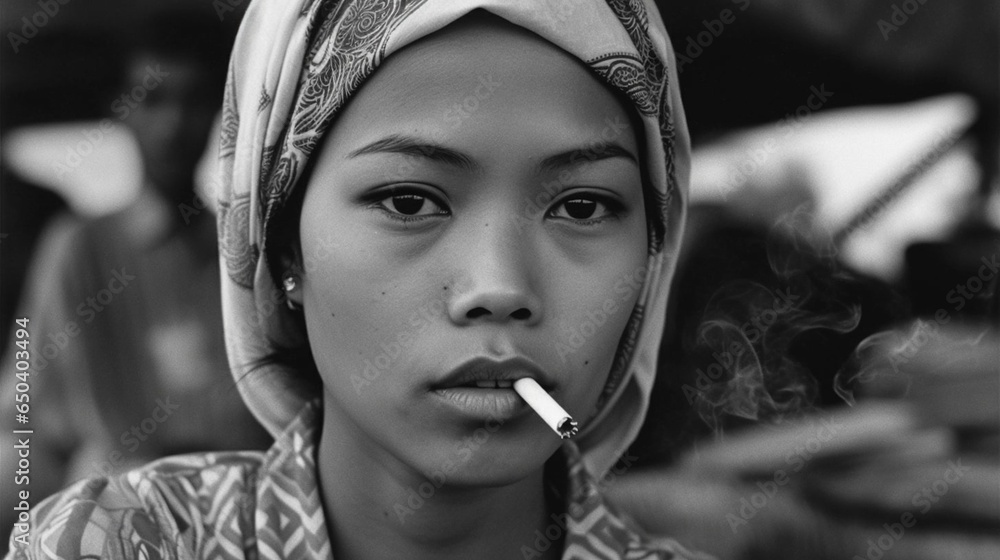 Black and white portrait of fictitious young Filipina smoking a