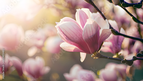 Pink magnolia flower in full bloom in the warm rays of the sun.
